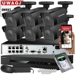 HIKVISION TANI ZESTAW DO MONITORINGU ZEWNĘTRZNEGO 6 CZARNYCH KAMER IP IPCAM-B4 4MPX POE