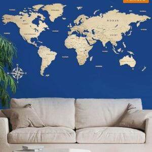 Sikorka.Net Drewniana Mapa Świata Classic Z Podpisami Państw 200X100Cm Pakiet L Naturalny 6 Mm